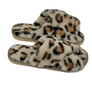 Womens Cross Band Fuzzy Slippers Open Toe Comfy Soft Plush Rubber Sole Leopard